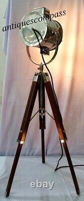 Nautical SPOT LIGHT Vintage Chrome Finish TABLE LAMP With Wooden Tripod Stand