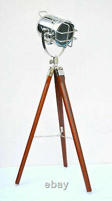 Nautical Searchlight Floor Lamp Vintage Spotlight Wooden Tripod Stand Room Lamp