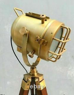 Nautical Searchlight Floor Lamp Vintage Spotlight Wooden Tripod Stand Room Lamp