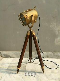 Nautical Searchlight Floor Lamp Vintage Spotlight Wooden Tripod Stand Room Lamp