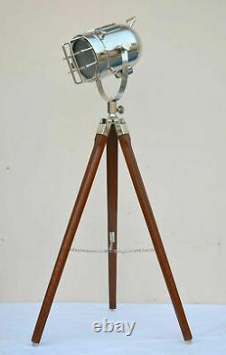 Nautical Searchlight Floor Lamp Vintage Spotlight Wooden Tripod Stand Room Lamp