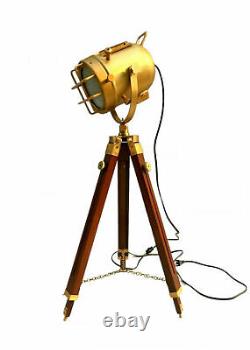 Nautical Searchlight Floor Lamps Vintage Spotlight Wooden Tripod Stand Room Lamp
