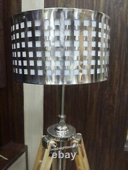 Nautical Shade Floor Lamp With Natural Wooden Tripod Modern Spotlight Lamp