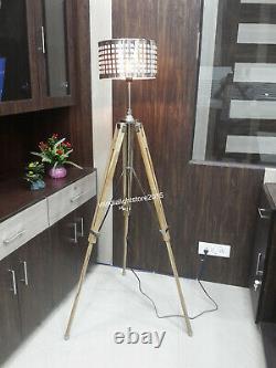 Nautical Shade Floor Lamp With Natural Wooden Tripod Modern Spotlight Lamp
