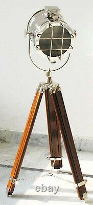 Nautical Spotlight Floor Lamp Searchlight Vintage Wooden Tripod Stand Lamp Gift
