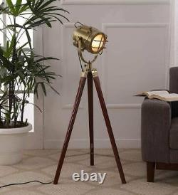 Nautical Spotlight Floor Lamp Searchlight Vintage Wooden Tripod Standing Lamps
