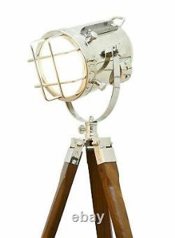 Nautical Spotlight Floor Lamp Wooden Tripod Stand Searchlight Vintage Room Lamp