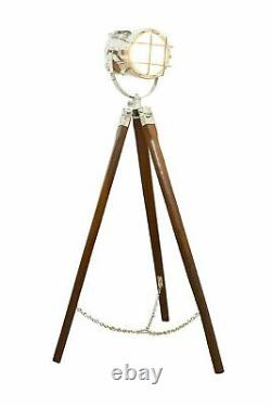 Nautical Spotlight Floor Lamp Wooden Tripod Stand Searchlight Vintage Room Lamp