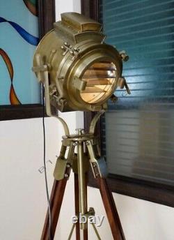 Nautical Spotlight Large Vintage Theater Stage Industrial Wood Brown Tripod