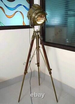 Nautical Spotlight Large Vintage Theater Stage Industrial Wood Brown Tripod