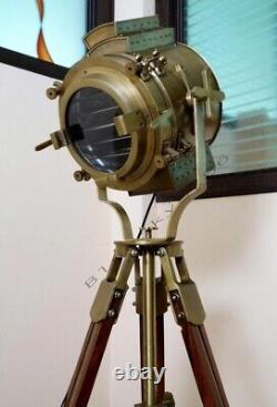 Nautical Spotlight Large Vintage Theater Stage Industrial Wood Brown Tripod
