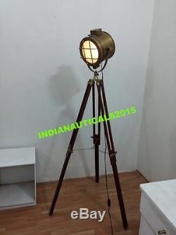 Nautical Spotlight Searchlight Vintage Style Wooden Tripod Floor Lamp Decor