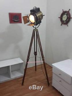Nautical Spotlight Searchlight Vintage Style Wooden Tripod Floor Lamp Decor