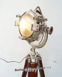 Nautical Spotlight Searchlight Vintage Style Wooden Tripod Floor Lamp Light