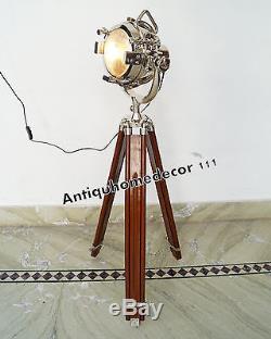 Antique Vintage Three Foldable Tripod Searchlight LED Floor Standing Lamp Marine Spotlight Wooden Stand