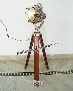 Nautical Spotlight Searchlight Vintage Style Wooden Tripod Floor Lamp Light