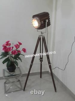Nautical Spotlight Tripod Floor Lamp Wooden Head Vintage Home Decor Lamp