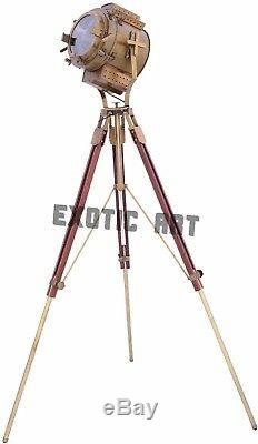 Nautical-Spotlight-Tripod-Floor-Lamp-with-Vintage-Wooden Stand Floor Searchlight