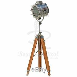 Nautical Spotlight White LED Light Wooden Tripod Floor Lamp Vintage Style