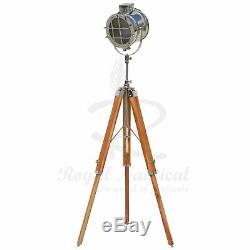 Nautical Spotlight White LED Light Wooden Tripod Floor Lamp Vintage Style