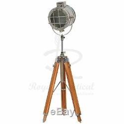 Nautical Spotlight White LED Light Wooden Tripod Floor Lamp Vintage Style