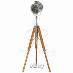 Nautical Spotlight White LED Light Wooden Tripod Floor Lamp Vintage Style