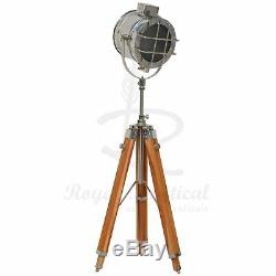 Nautical Spotlight White LED Light Wooden Tripod Floor Lamp Vintage Style