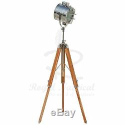 Nautical Spotlight White LED Light Wooden Tripod Floor Lamp Vintage Style