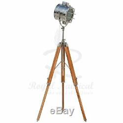 Nautical Spotlight White LED Light Wooden Tripod Floor Lamp Vintage Style