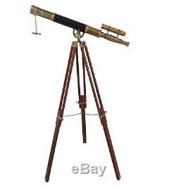 Nautical Spyglass Wooden Tripod Telescope Vintage Marine Double Barrel Scope