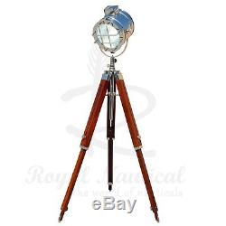 Nautical Tripod Floor Lamp Wooden Vintage Style E27 White LED Brown Spotlight