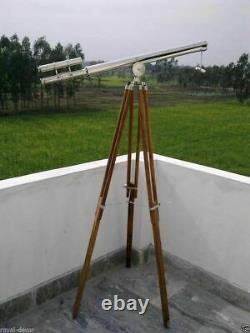 Nautical Vintage 65 Telescope maritime Brass Nickel Finish Wooden Tripod Stand