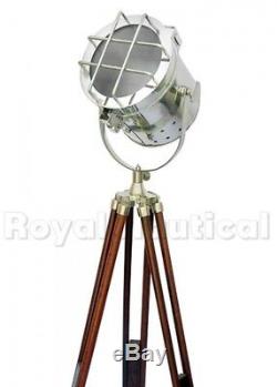 Nautical Vintage Antique Spotlight Style Floor Lamp Wooden Tripod LED Lighting