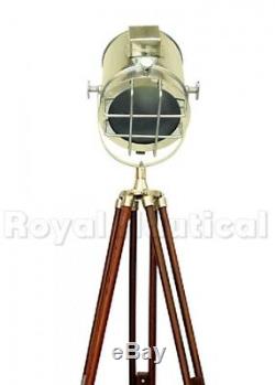 Nautical Vintage Antique Spotlight Style Floor Lamp Wooden Tripod LED Lighting