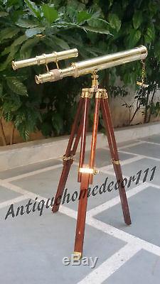 Nautical Vintage Brass Double Barrel Telescope With Wooden Tripod Collectible Gift