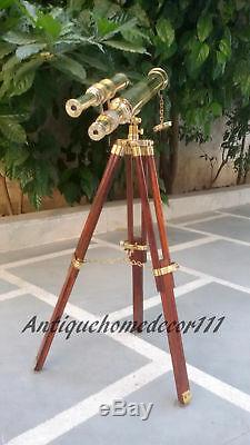 Nautical Vintage Brass Double Barrel Telescope With Wooden Tripod Collectible Gift