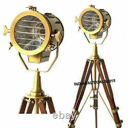 Nautical Vintage Brass Searchlight Floor Lamp Spotlight Wooden Tripod Light