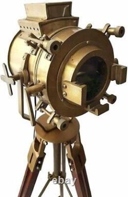 Nautical Vintage Brass Searchlight Spotlight Tripod Stand Wood Tripod Floor Lamp