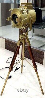 Nautical Vintage Brass Searchlight Spotlight Tripod Stand Wood Tripod Floor Lamp