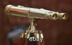 Nautical Vintage Brass Telescope Binocular On Wooden Tripod Stand Maritime style