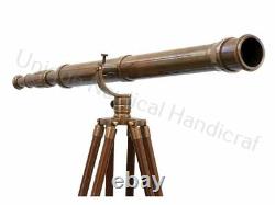 Nautical Vintage Brass Telescope On Wooden Tripod Maritime Nautical 60 Inch Tall