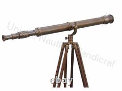 Nautical Vintage Brass Telescope On Wooden Tripod Maritime Nautical 60 Inch Tall