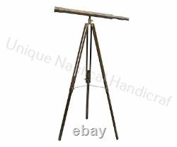 Nautical Vintage Brass Telescope On Wooden Tripod Maritime Nautical 60 Inch Tall