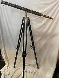 Nautical Vintage Brass Withwood Inlaid Floor Standing Telescope With tripod