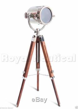 Nautical Vintage Chrome Spotlight Searchlight Wooden Tripod Light Floor Lamp Gft