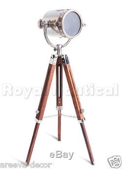 Nautical Vintage Chrome Spotlight Searchlight Wooden Tripod Lighting Floor Lamp