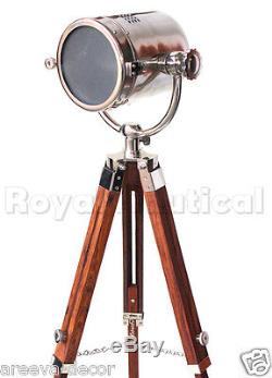 Nautical Vintage Chrome Spotlight Searchlight Wooden Tripod Lighting Floor Lamp