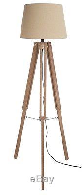 Nautical Vintage Esk Tripod Floor Lamp Natural Light Shade Washed Wood Legs NEW