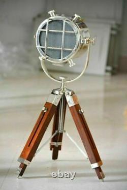 Nautical Vintage Search Light Table Spot Light With Wood Tripod Stand Home Decor
