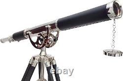 Nautical Vintage Solid Brass Marine Black Leather Telescope with Tripod Stand